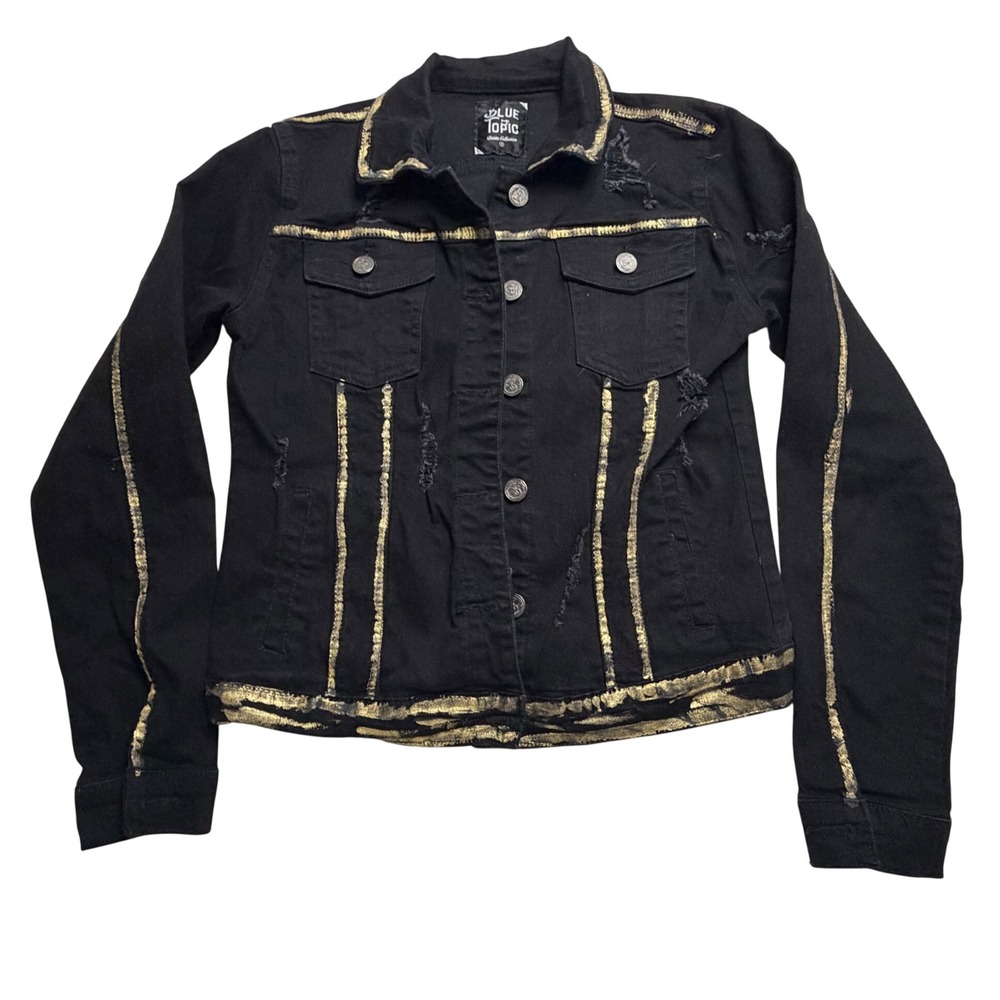 Blue Topic Black Denim Jacket Gold Painted Distressed Trucker Small Womens